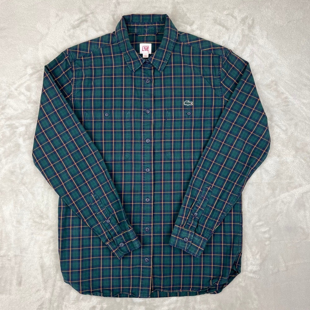 Lacoste Mens Green Plaid Long Sleeve Button Down Shirt Size M Crocodile Logo